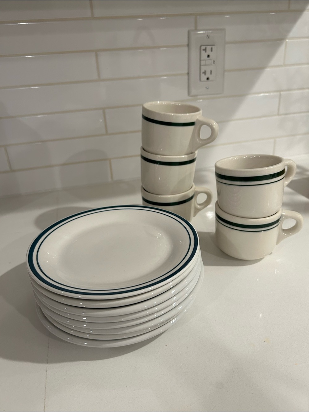 Classic White Stoneware Dinner Plates and Mugs with Dark Green Rim